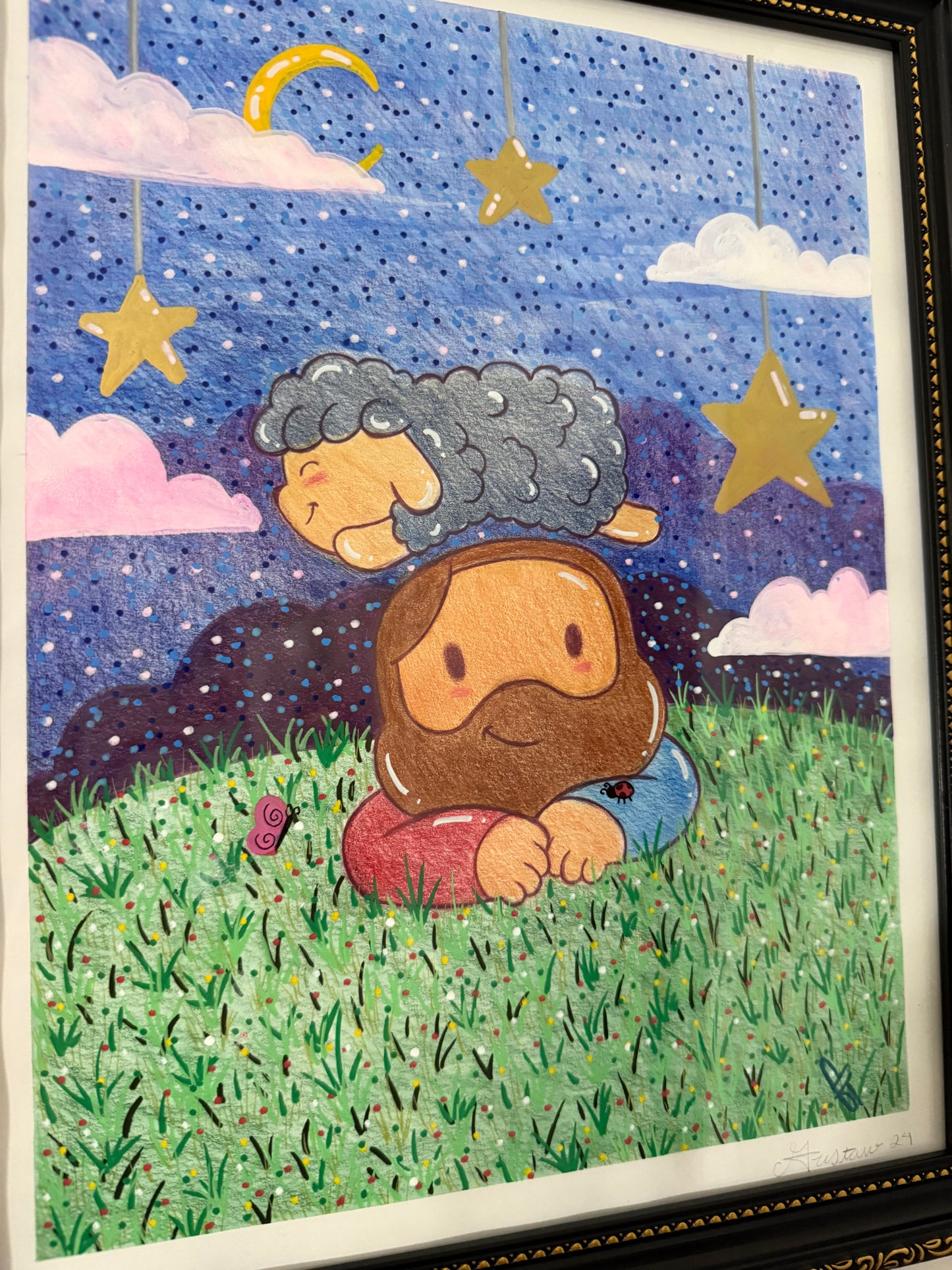 Dreamy Night with Jesus & Mr. Sheep Original Artwork (Picture Frame Included)