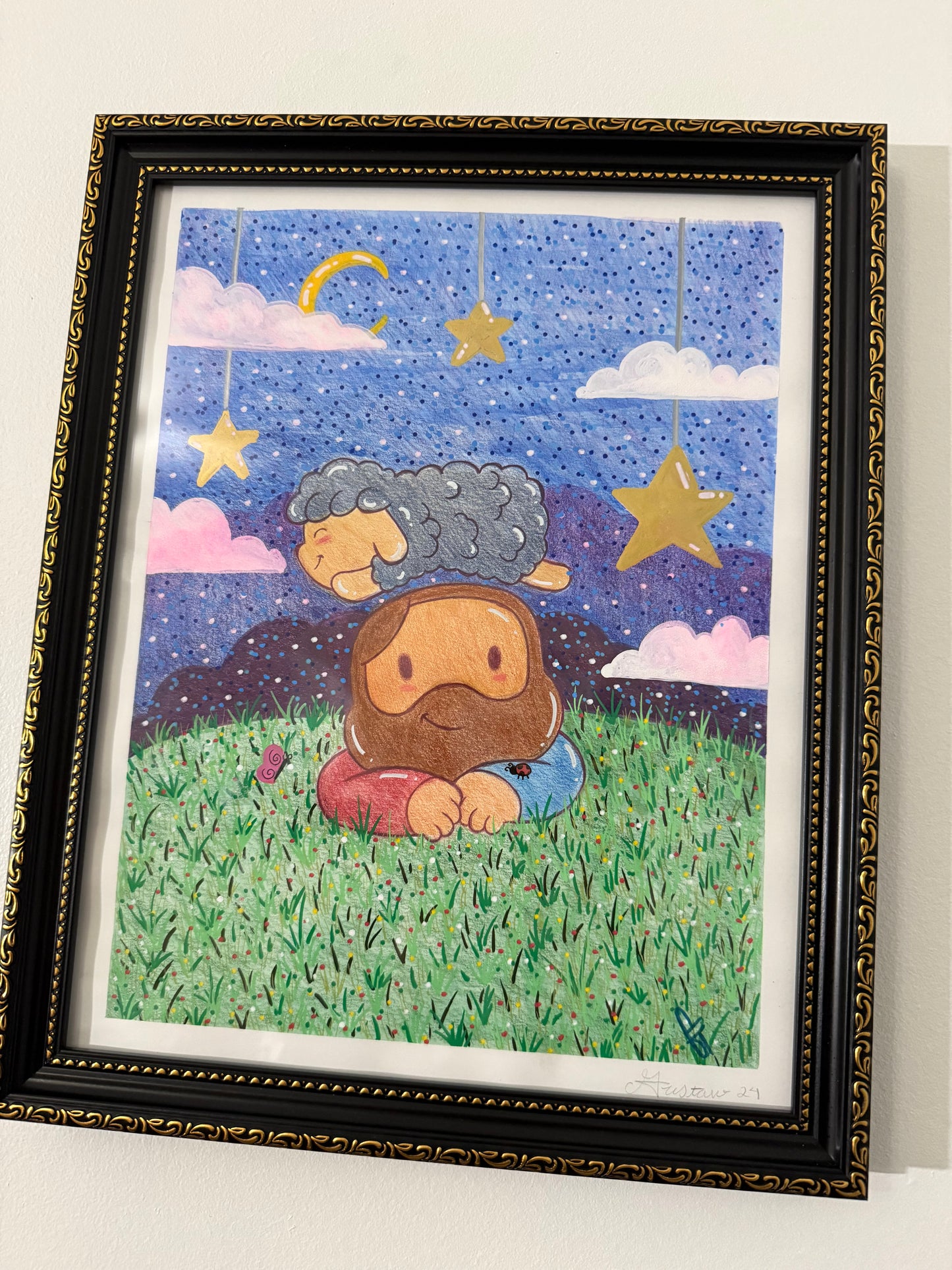 Dreamy Night with Jesus & Mr. Sheep Original Artwork (Picture Frame Included)