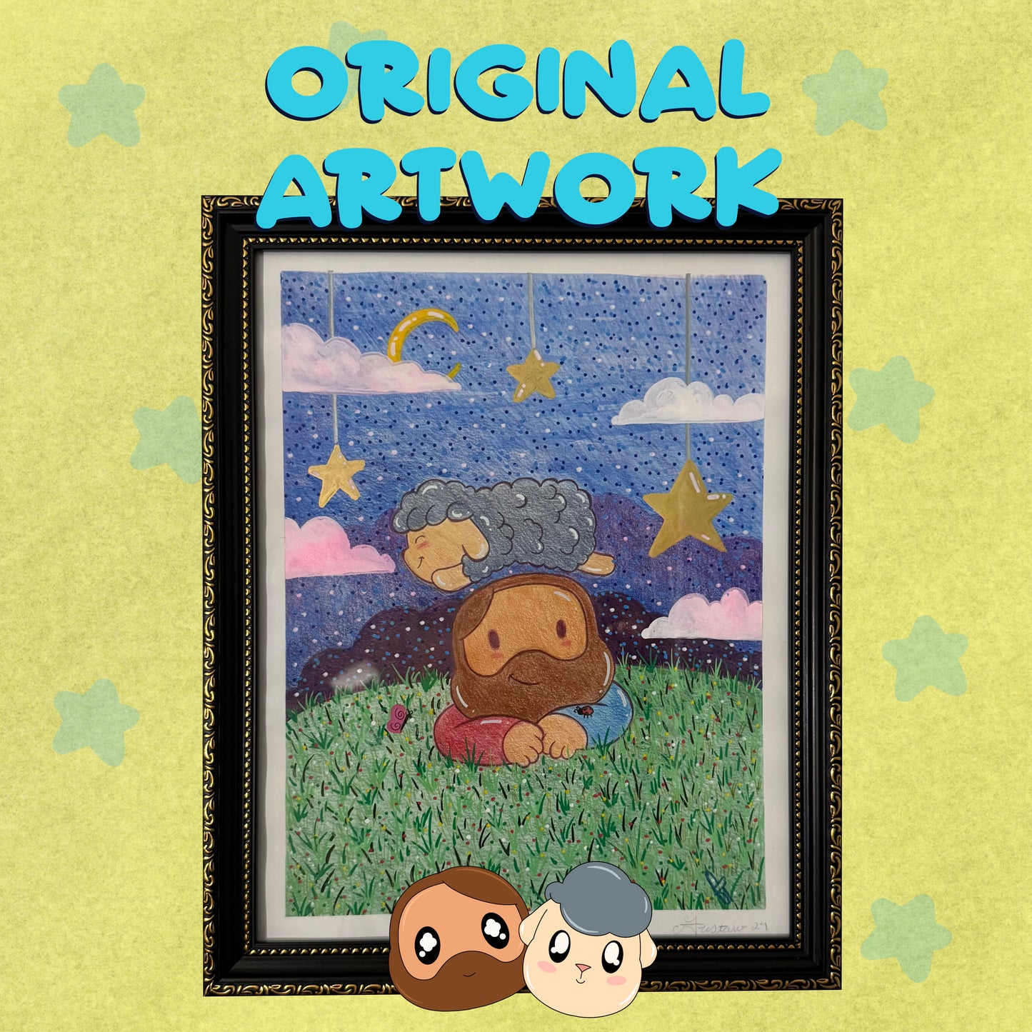 Dreamy Night with Jesus & Mr. Sheep Original Artwork (Picture Frame Included)
