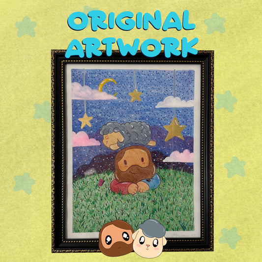 Dreamy Night with Jesus & Mr. Sheep Original Artwork (Picture Frame Included)