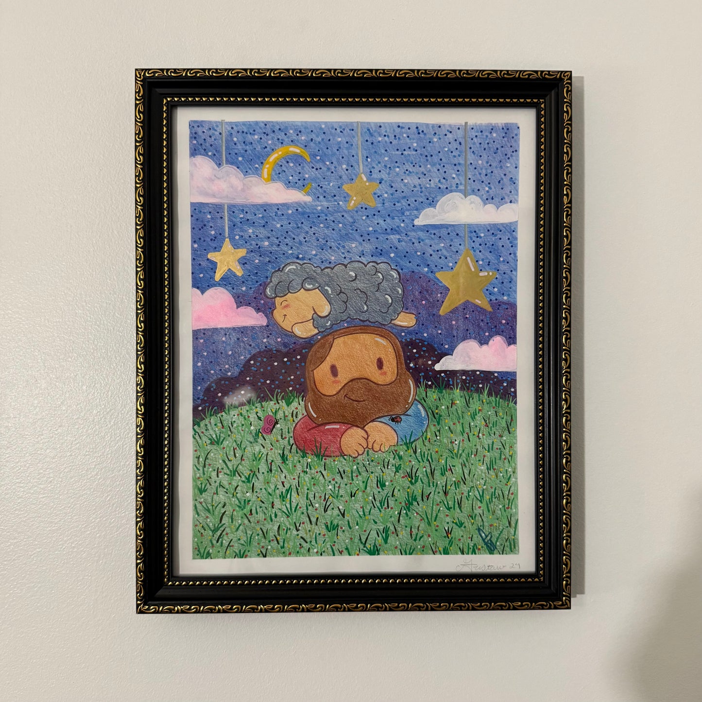 Dreamy Night with Jesus & Mr. Sheep Original Artwork (Picture Frame Included)